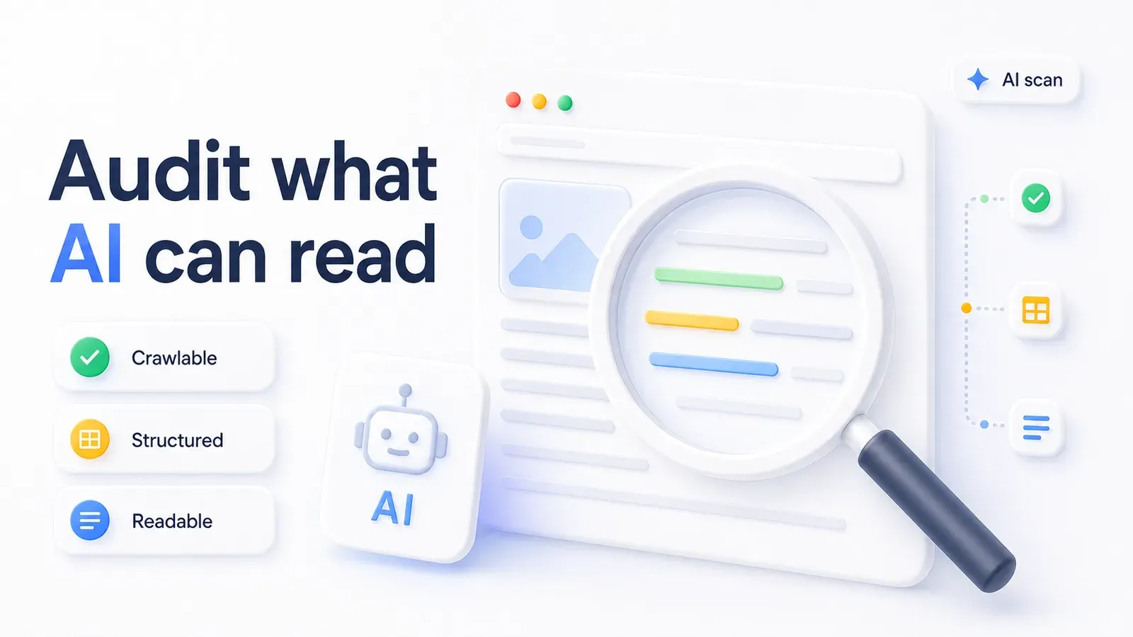 How to audit what an AI engine can read about your subscription: a magnifying glass over a web page mock-up headed "Audit what AI can read", with Crawlable, Structured and Readable check cards on the left, an AI robot tile and an "AI scan" badge