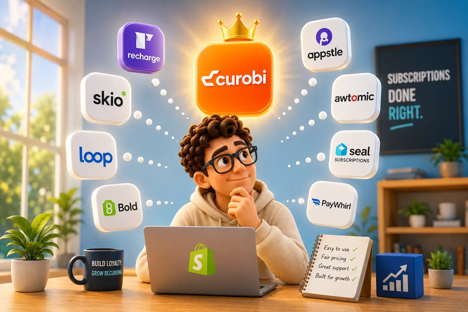 An illustrated Shopify merchant at a laptop weighing up subscription apps, with floating tiles for Recharge, Skio, Loop, Bold, Appstle, Awtomic, Seal and PayWhirl around a crowned Curobi tile, beside a checklist reading easy to use, fair pricing, great support and built for growth.