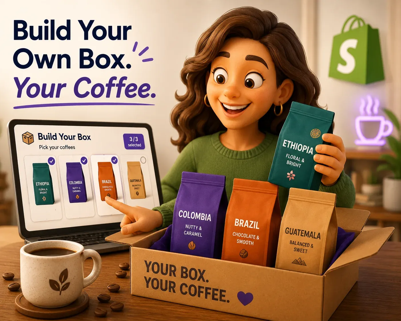 A coffee subscriber picking three bags — Ethiopia, Colombia and Brazil — in a build-your-own-box builder on Shopify