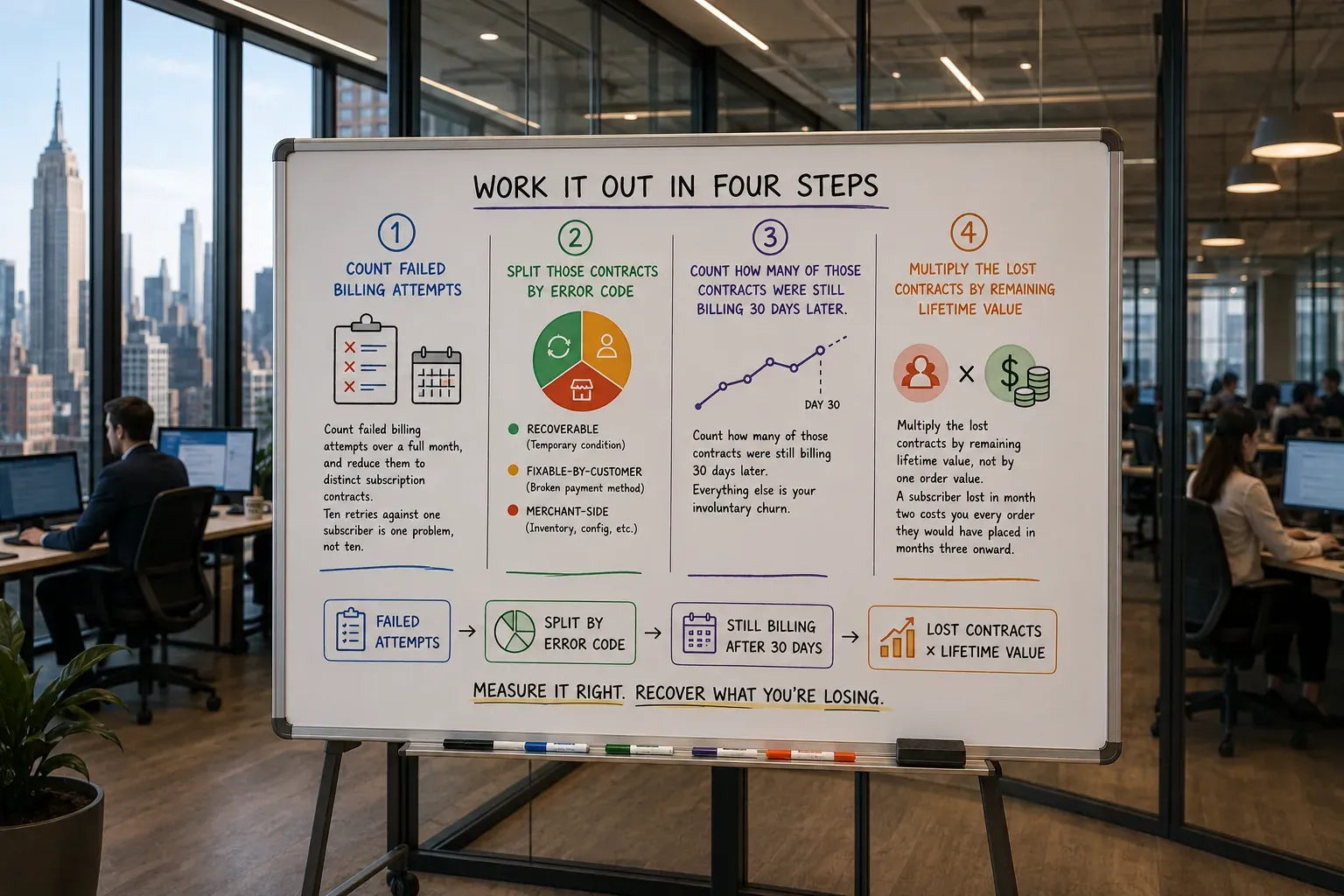 Sizing a Shopify failed-payment leak in four steps: count failed billing attempts and reduce them to distinct subscription contracts, split those contracts by error code into recoverable, fixable-by-customer and merchant-side, count how many were still billing 30 days later, then multiply the lost contracts by remaining lifetime value rather than one order value