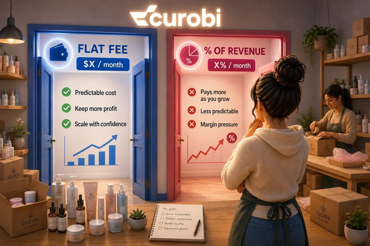 Flat fee vs. percentage of revenue — a fixed monthly subscription app price against a fee that climbs with every recurring order as the store grows