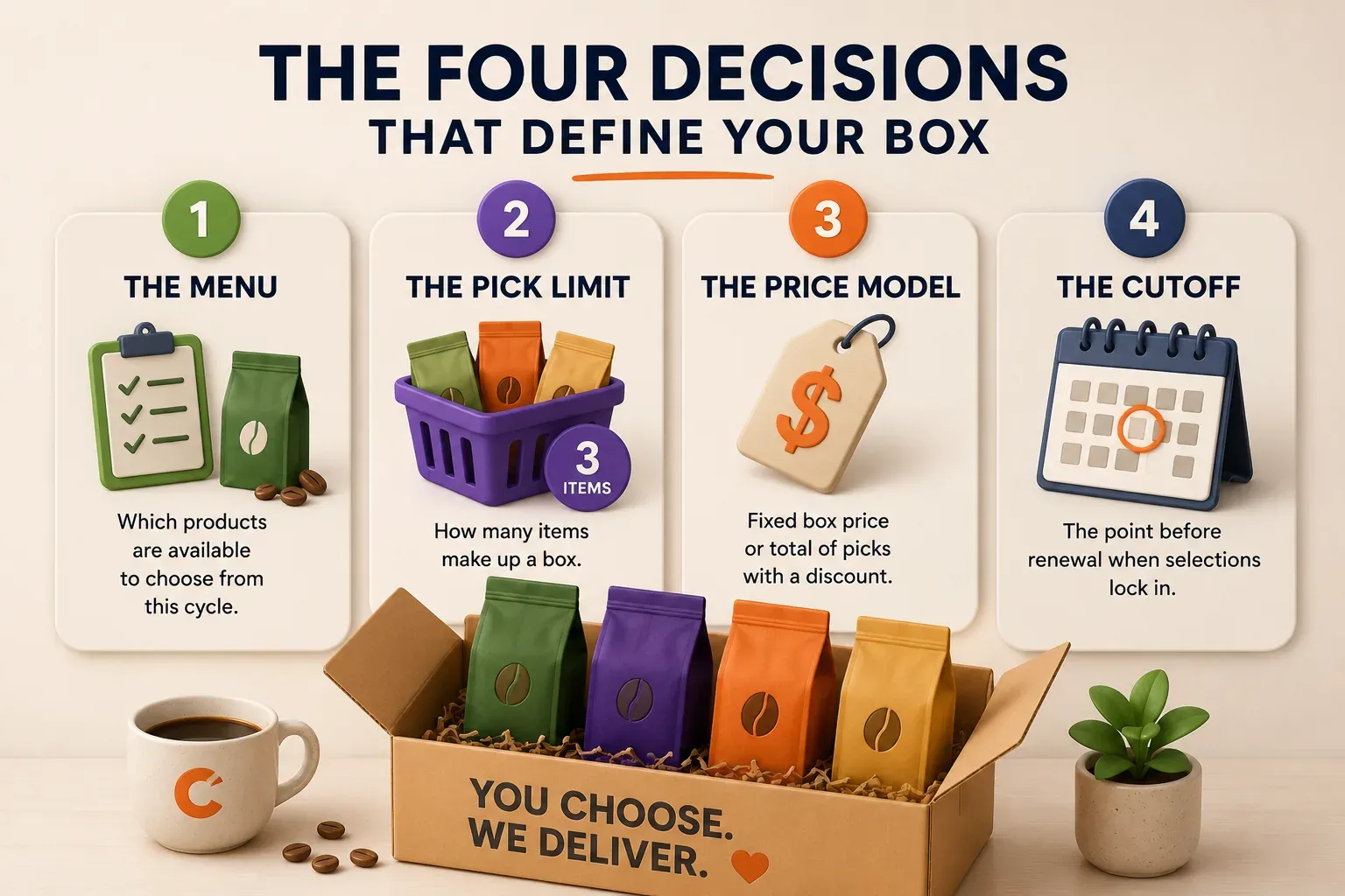 The four decisions that define a build-your-own box: the menu of products available this cycle, the pick limit that sets how many items make a box, the price model (fixed box price or total of picks with a discount), and the cutoff when selections lock before renewal