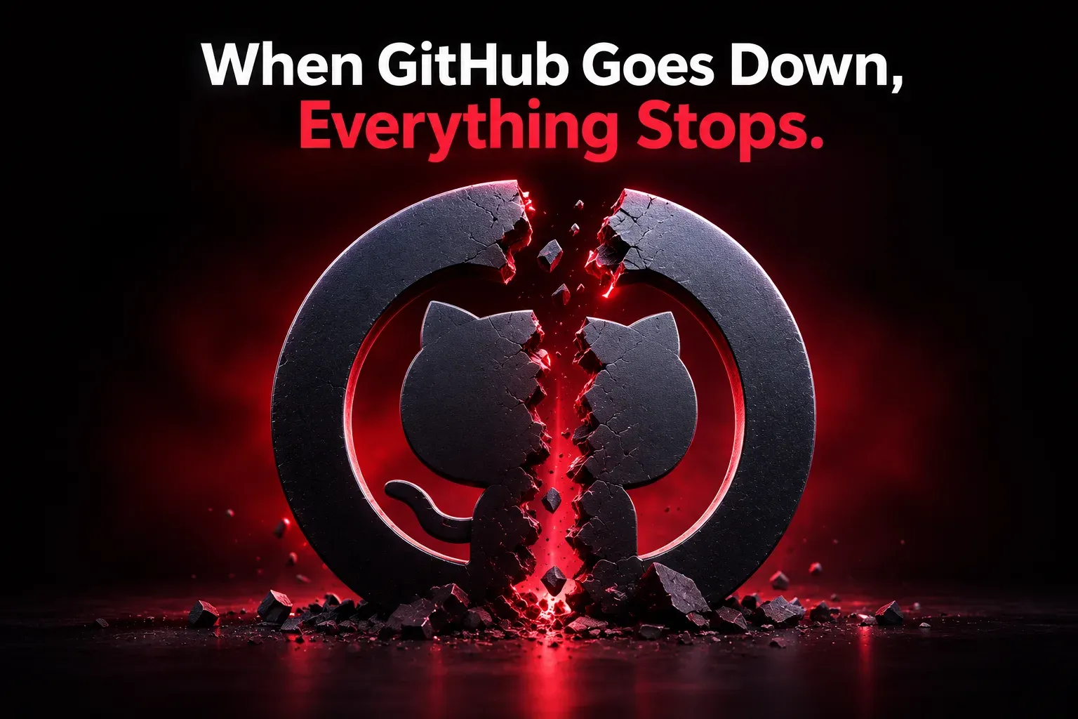 A cracked GitHub logo splitting apart with red light bursting through the fracture, under the words 'When GitHub goes down, everything stops'