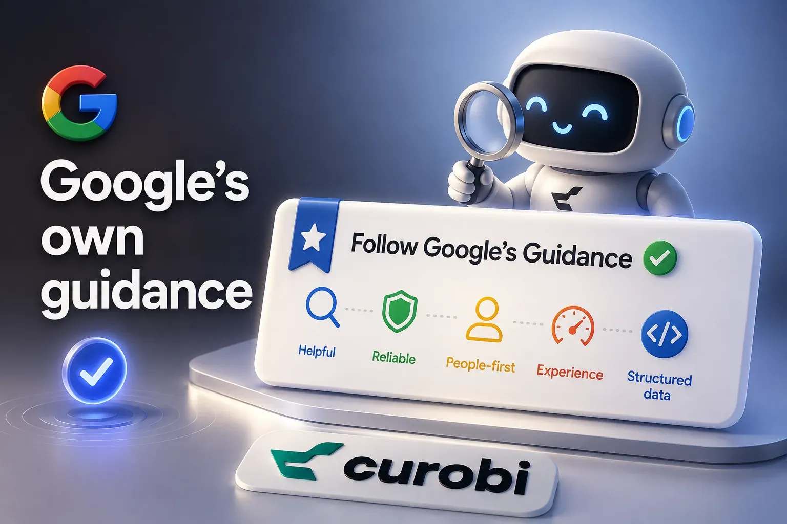 Google's own guidance sets the priority: a robot holding a magnifying glass beside a card headed "Follow Google's Guidance" listing helpful, reliable, people-first, experience and structured data, above a Curobi nameplate