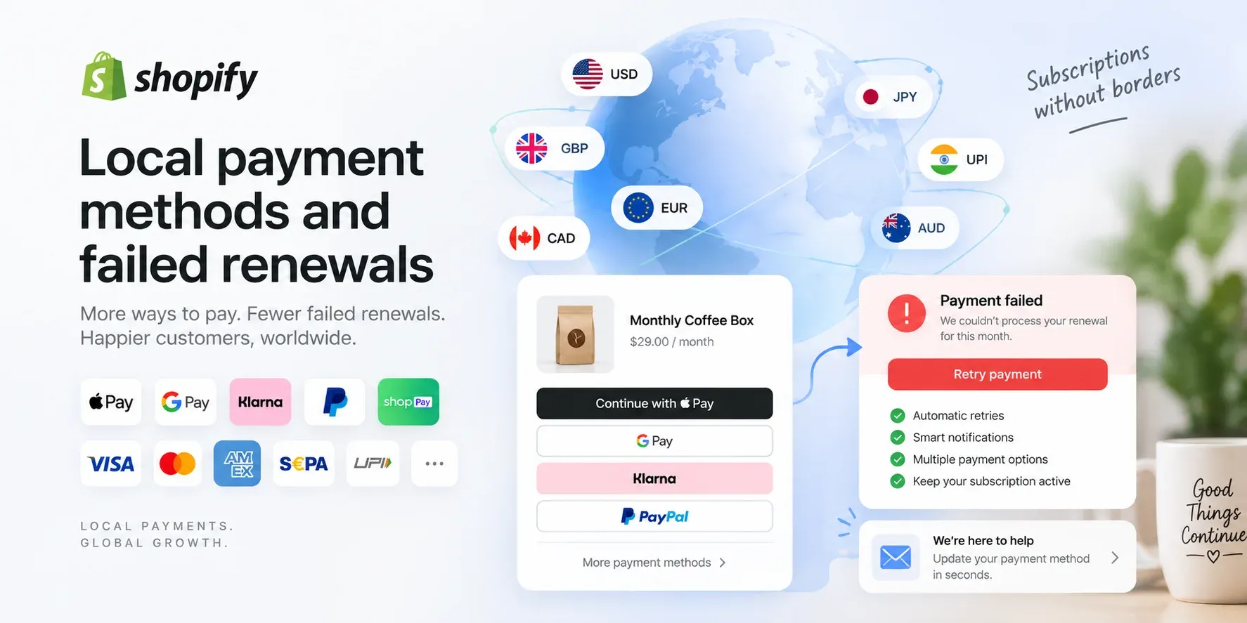 Local payment methods and failed renewal recovery for international subscriptions