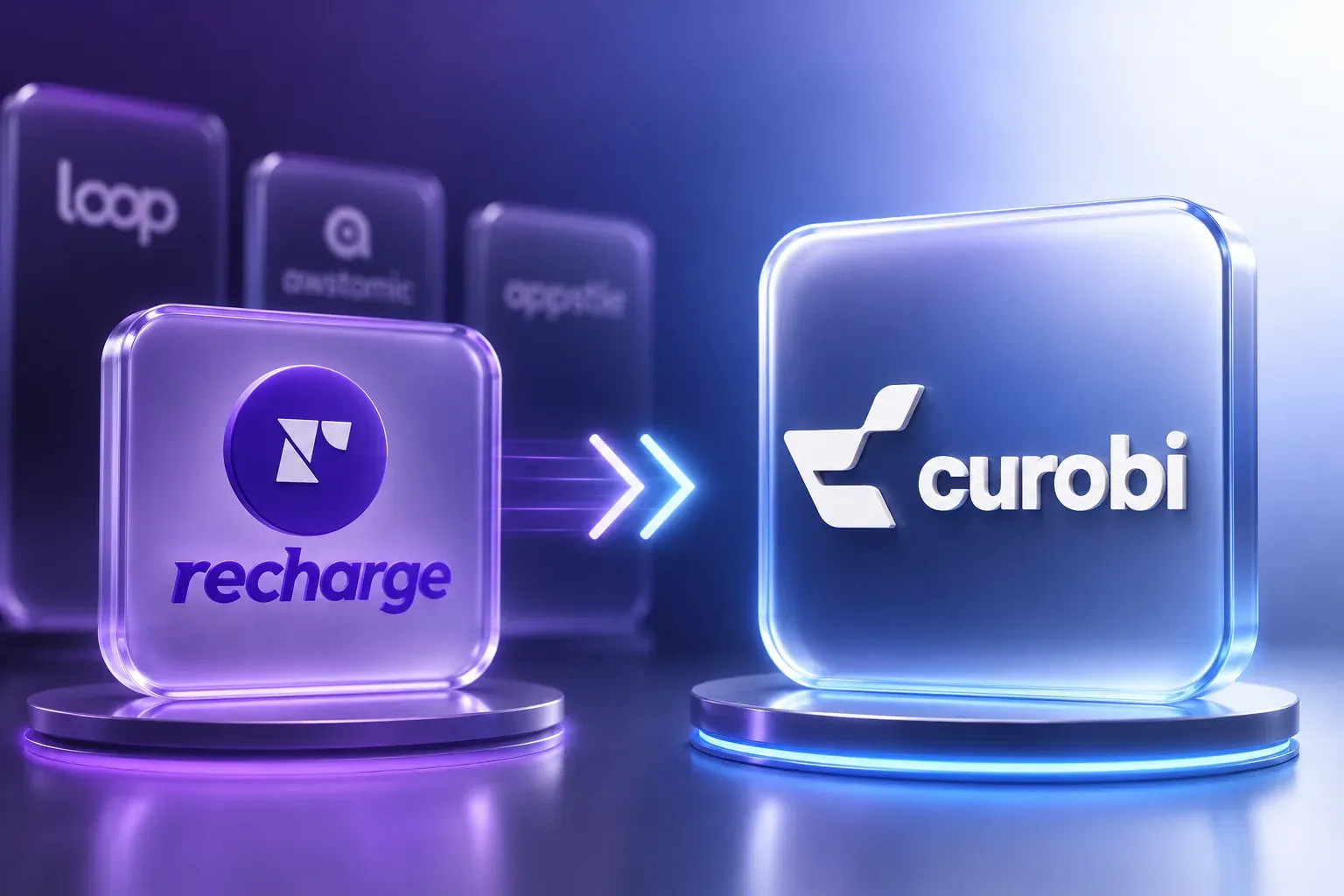 Recharge alternatives for coffee roasters — the Recharge logo on a glass tile with Loop, Appstle and other subscription apps faded behind it, an arrow pointing to a brightly lit Curobi tile.