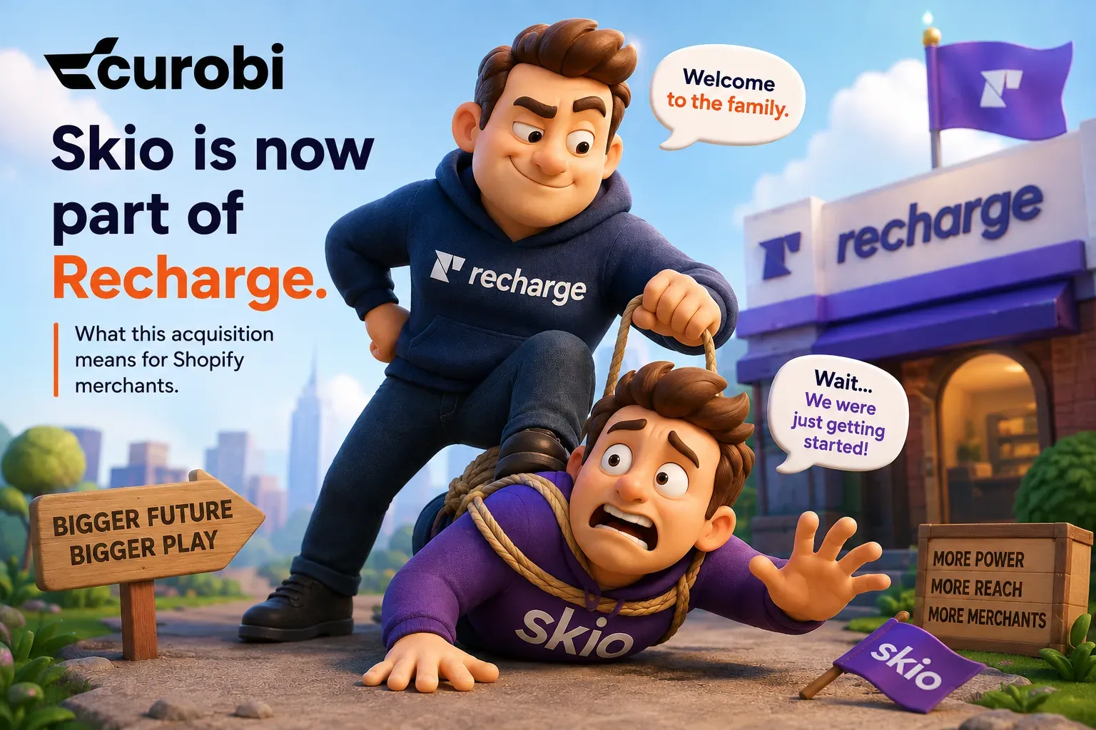 Cartoon illustration titled 'Skio is now part of Recharge' — a character in a Recharge hoodie leads a roped Skio character toward a Recharge storefront, with signposts reading 'Bigger future, bigger play' and 'More power, more reach, more merchants'.