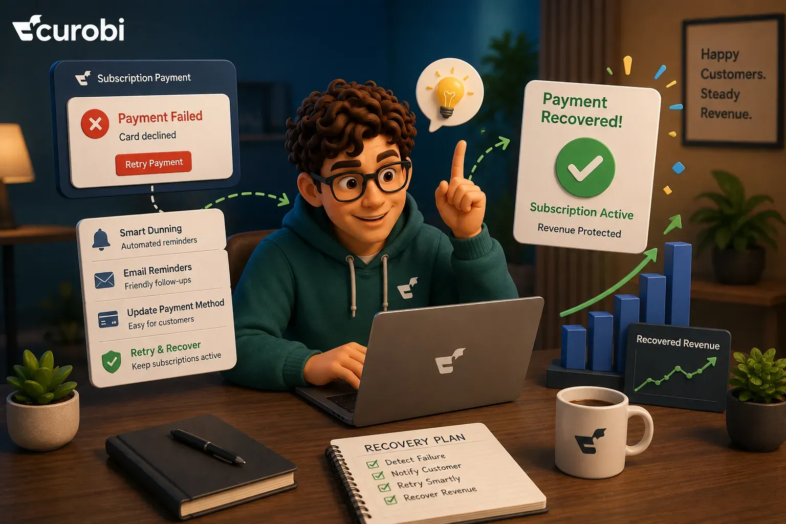 Recovering a failed subscription payment on Shopify — a merchant turning a declined card notice into an active subscription through smart dunning, email reminders and a payment-method update link, with a recovery plan of detect, notify, retry and recover
