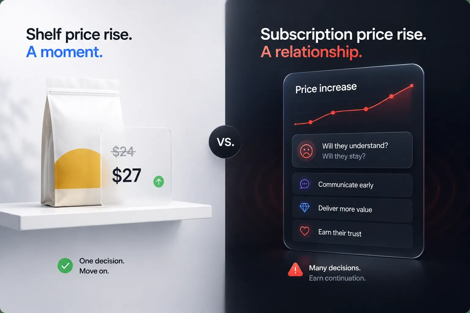 Shelf price rise versus subscription price rise: on the light side a coffee bag on a shelf with its price ticket moving from $24 to $27, labelled one decision, move on; on the dark side a price increase chart with a panel asking will they understand, will they stay, and a list reading communicate early, deliver more value, earn their trust, labelled many decisions, earn continuation