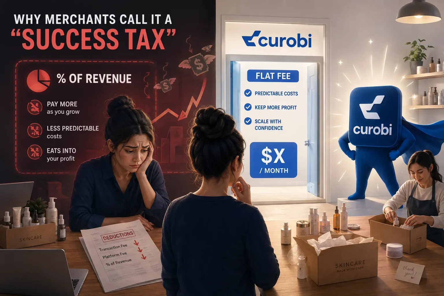 Why merchants call percentage pricing a "success tax": on one side, a percentage-of-revenue app means paying more as you grow, less predictable costs, and fees that eat into profit; on the other, a flat monthly fee gives predictable costs, more retained profit, and room to scale with confidence