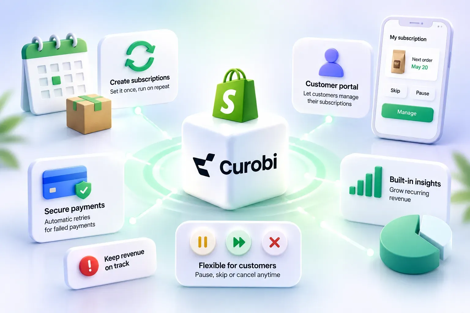 What the Shopify Subscriptions app covers: creating auto-billed subscription plans, secure payments with automatic retries for failed charges, a customer portal where subscribers can pause, skip or cancel, and built-in insights into recurring revenue