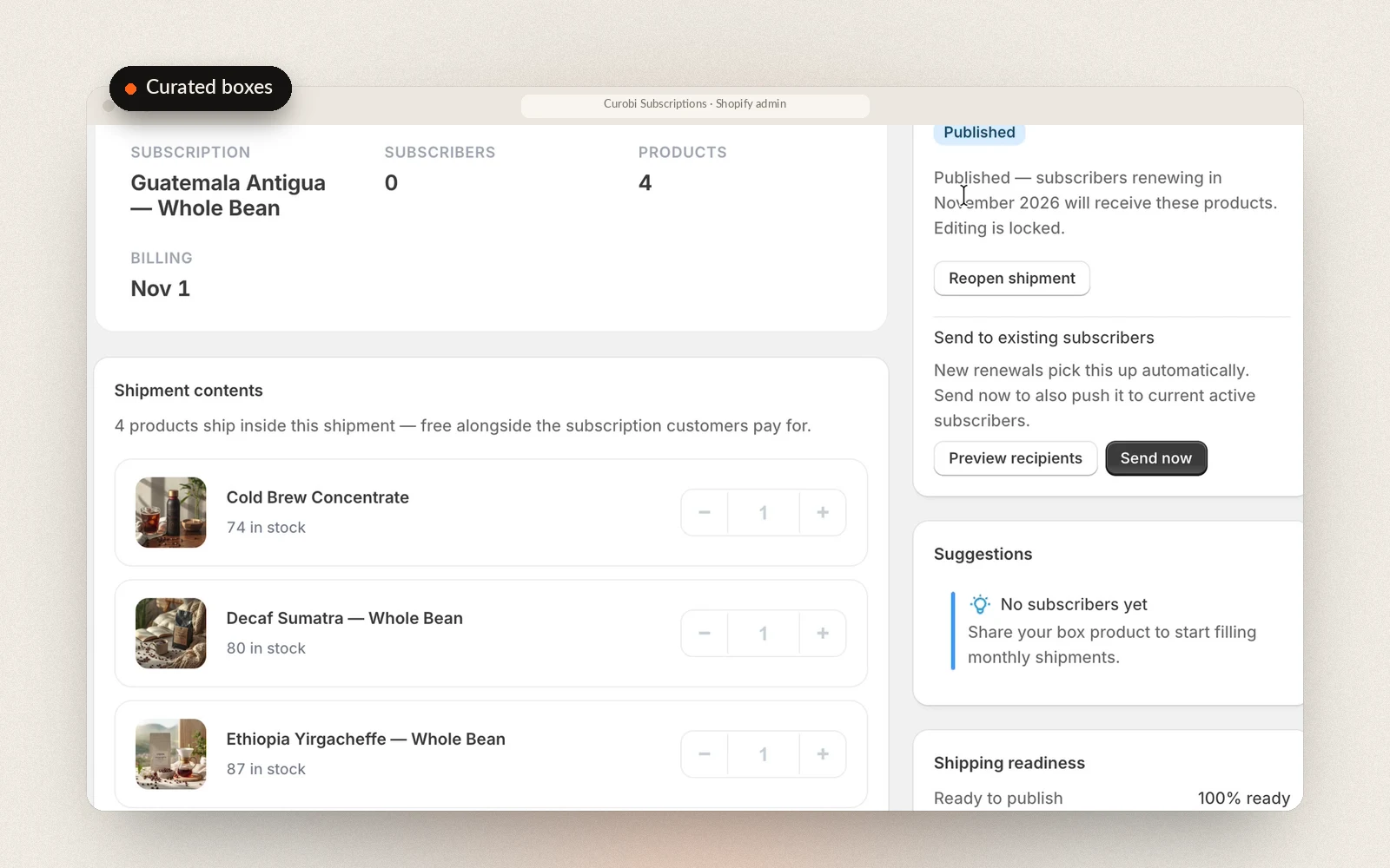A curated box shipment in Curobi: the products and quantities going into next month's box, published and locked, with a shipping-readiness check